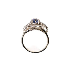 Bague Entourage Art Déco en or blanc et platine, saphir de Ceylan - Castafiore