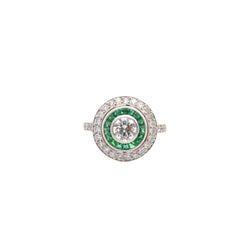 Bague Entourage Art déco en or blanc, platine, émeraudes et diamants - Castafiore
