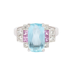 Bague Entourage en or blanc, aigue-marine, saphirs et diamants - Castafiore
