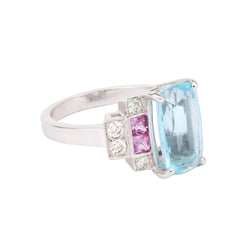 Bague Entourage en or blanc, aigue-marine, saphirs et diamants - Castafiore