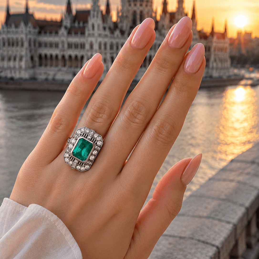 Bague Entourage en or blanc, émeraude et diamants - Castafiore