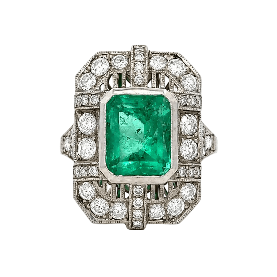 Bague Entourage en or blanc, émeraude et diamants - Castafiore
