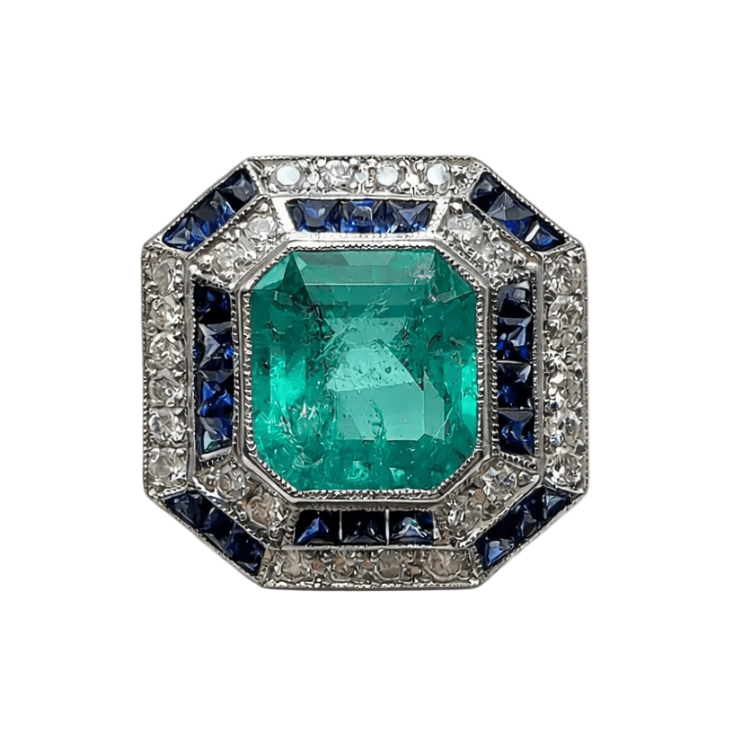 Bague Entourage en or blanc, émeraude, saphir et diamants - Castafiore