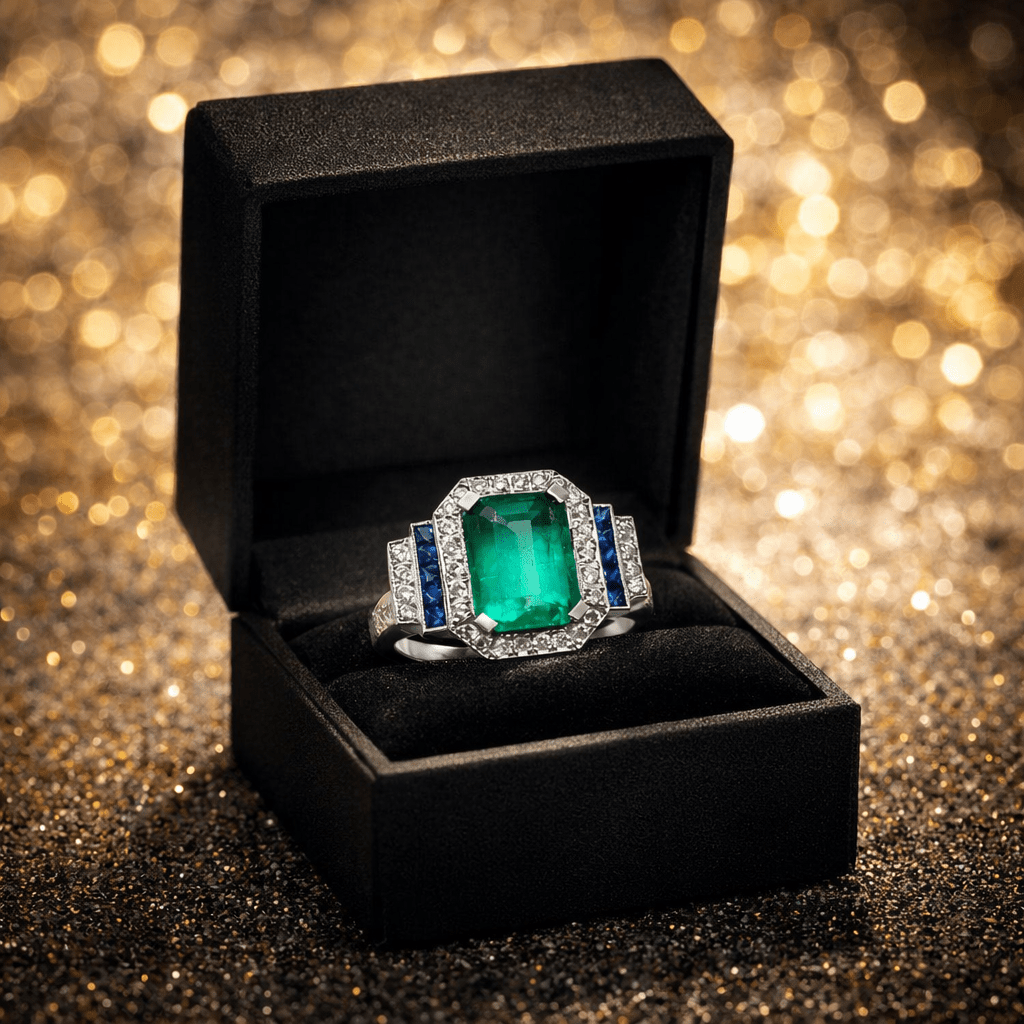 Bague Entourage en or blanc, émeraude, saphirs et diamants - Castafiore