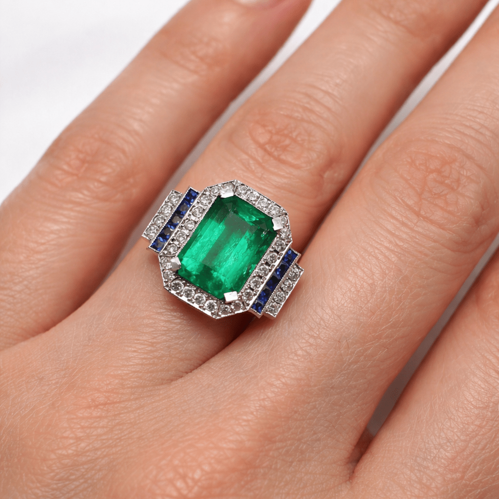 Bague Entourage en or blanc, émeraude, saphirs et diamants - Castafiore