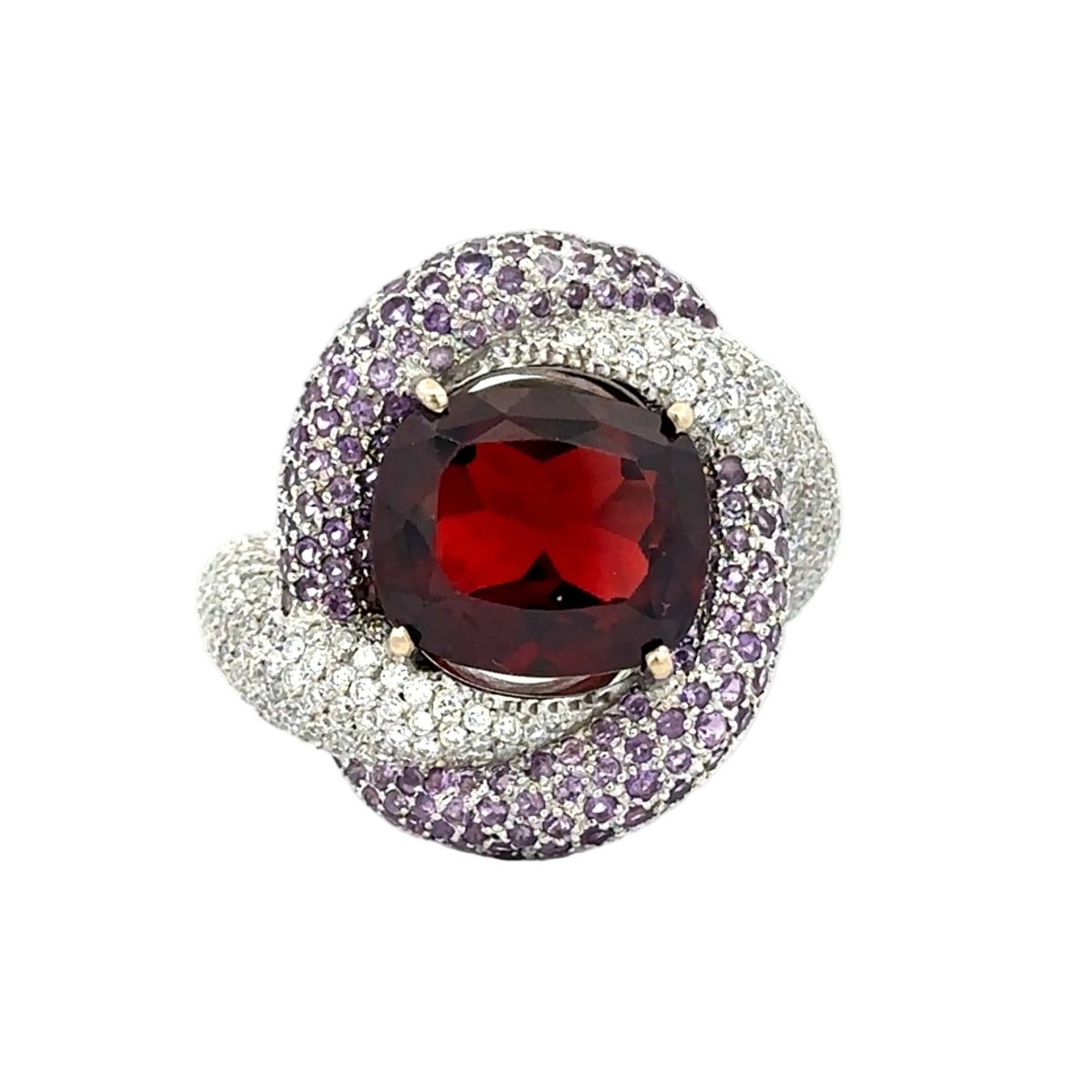 Bague Entourage en or blanc, grenat, améthystes et diamants - Castafiore