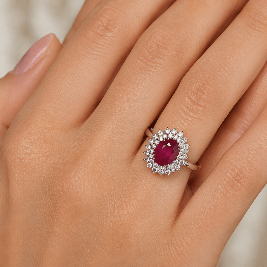 Bague Entourage en or blanc, rubis et diamants - Castafiore