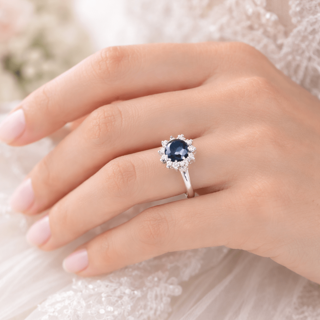 Bague Entourage en or blanc, saphir et diamants - Castafiore