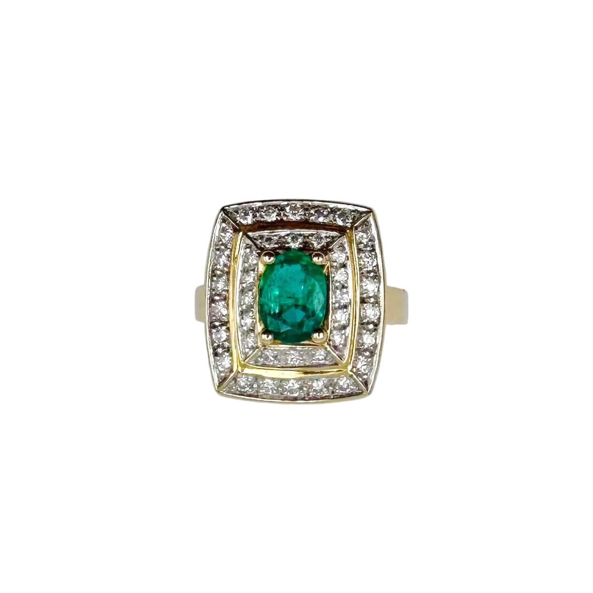 Bague Entourage en or jaune, émeraude et diamants - Castafiore