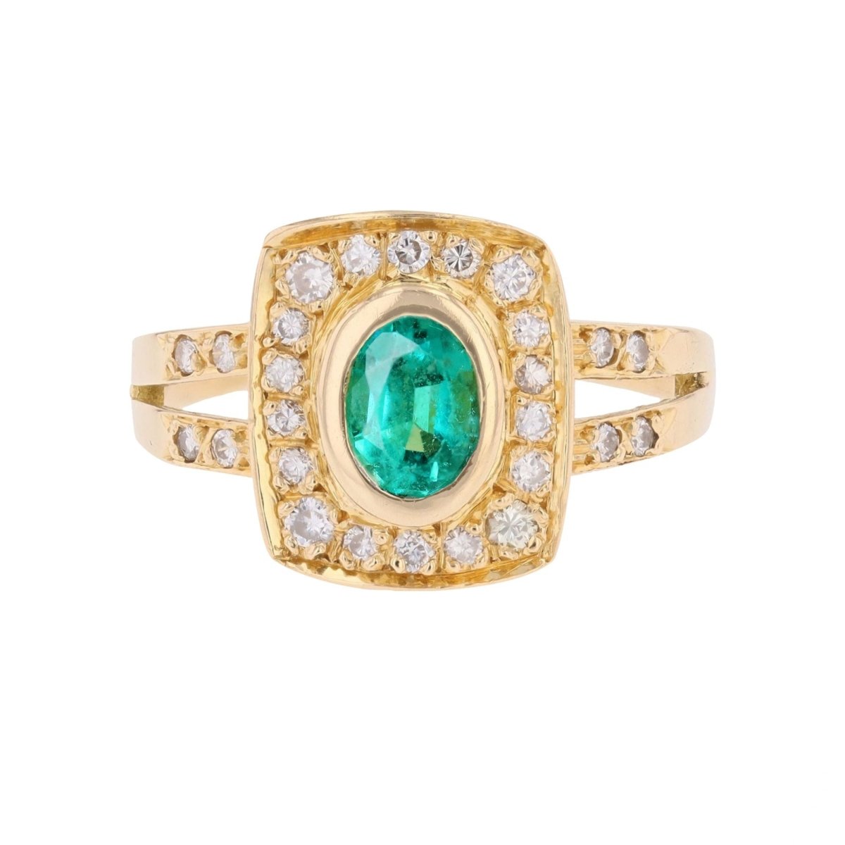Bague Entourage en or jaune, émeraude et diamants - Castafiore