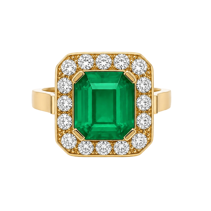 Bague Entourage en or jaune, émeraude et diamants - Castafiore