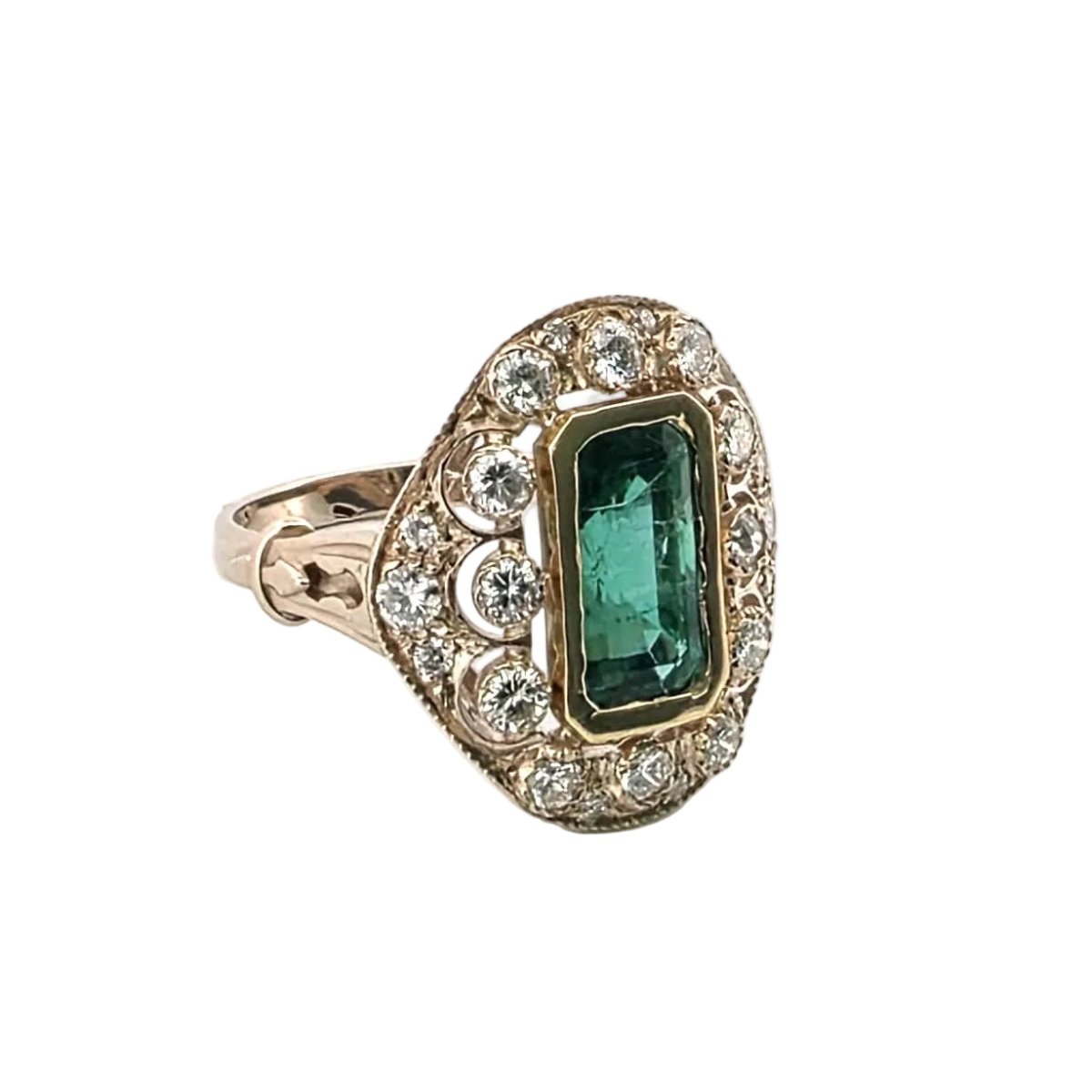 Bague Entourage en or jaune, émeraude et diamants - Castafiore