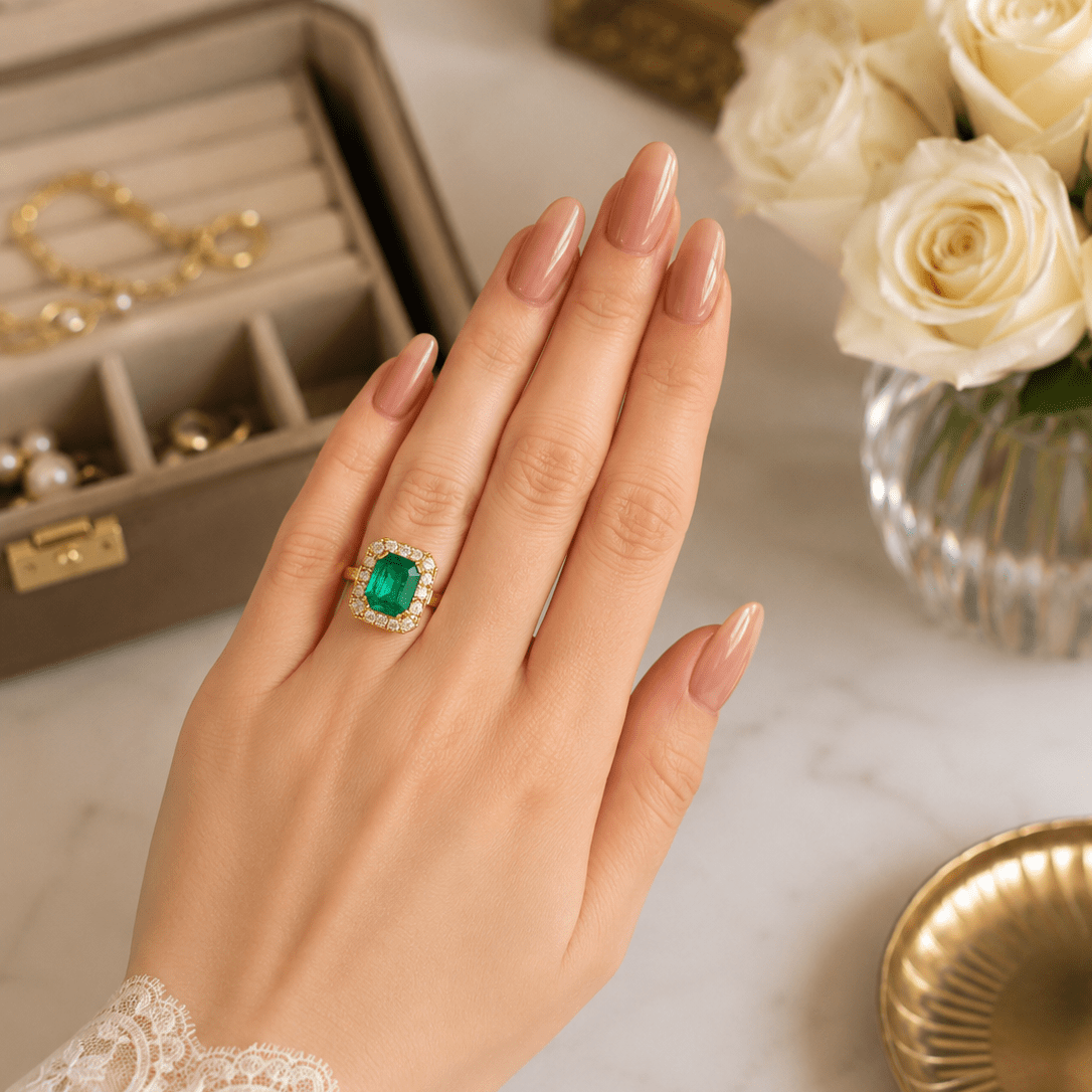 Bague Entourage en or jaune, émeraude et diamants - Castafiore