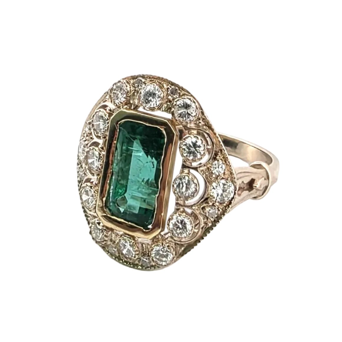 Bague Entourage en or jaune, émeraude et diamants - Castafiore