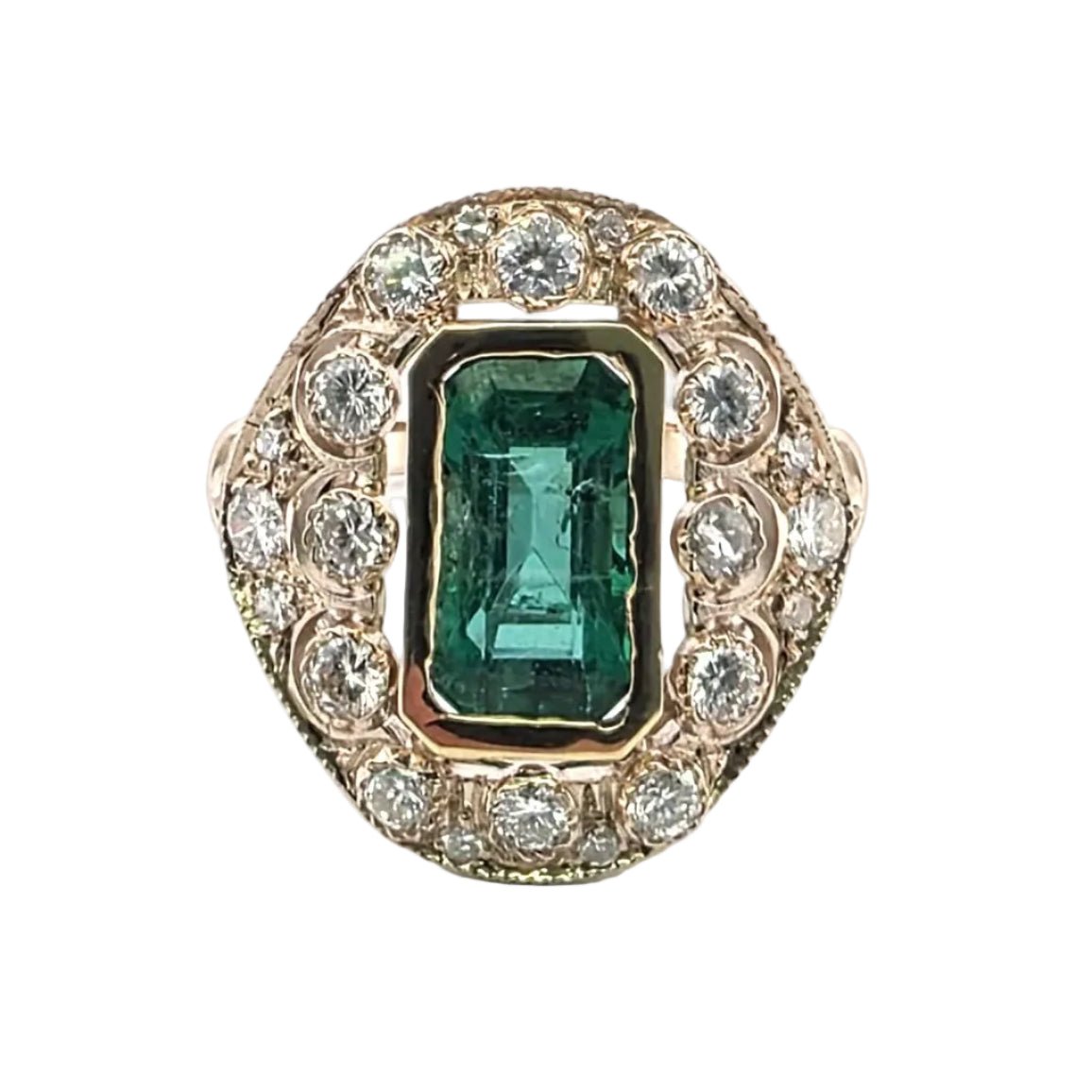 Bague Entourage en or jaune, émeraude et diamants - Castafiore