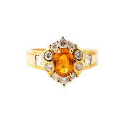 Bague Entourage en or jaune, saphir orange et diamants - Castafiore