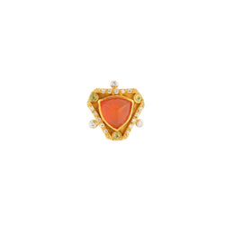 Bague Entourage Étrusque en or jaune, opale de feu, péridots et diamants - Castafiore
