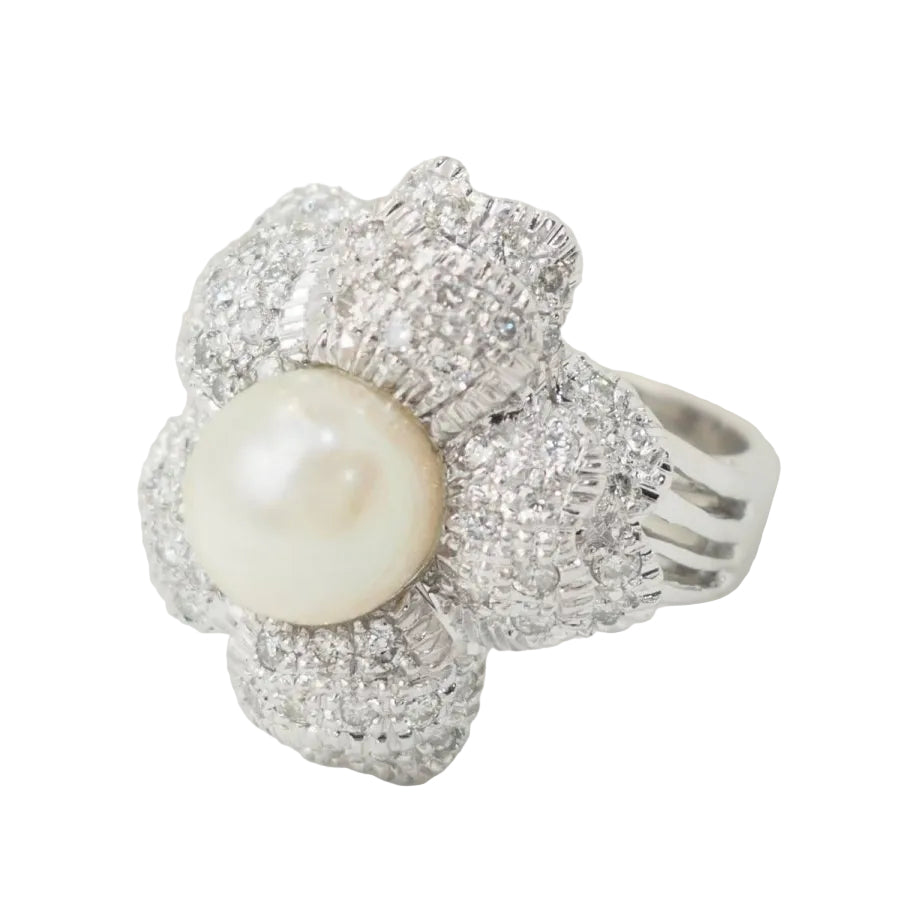 Bague Fleur en or blanc, perle de culture et diamants - Castafiore
