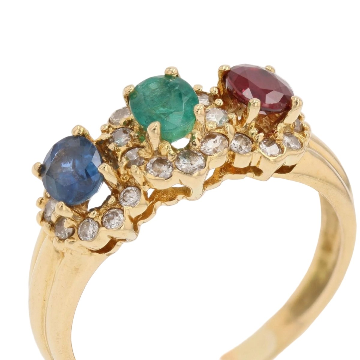 Bague Jarretière en or jaune, émeraude, saphir, rubis et diamants - Castafiore