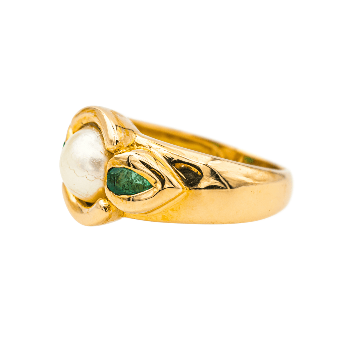 Bague Jonc en or jaune, perle et émeraudes - Castafiore
