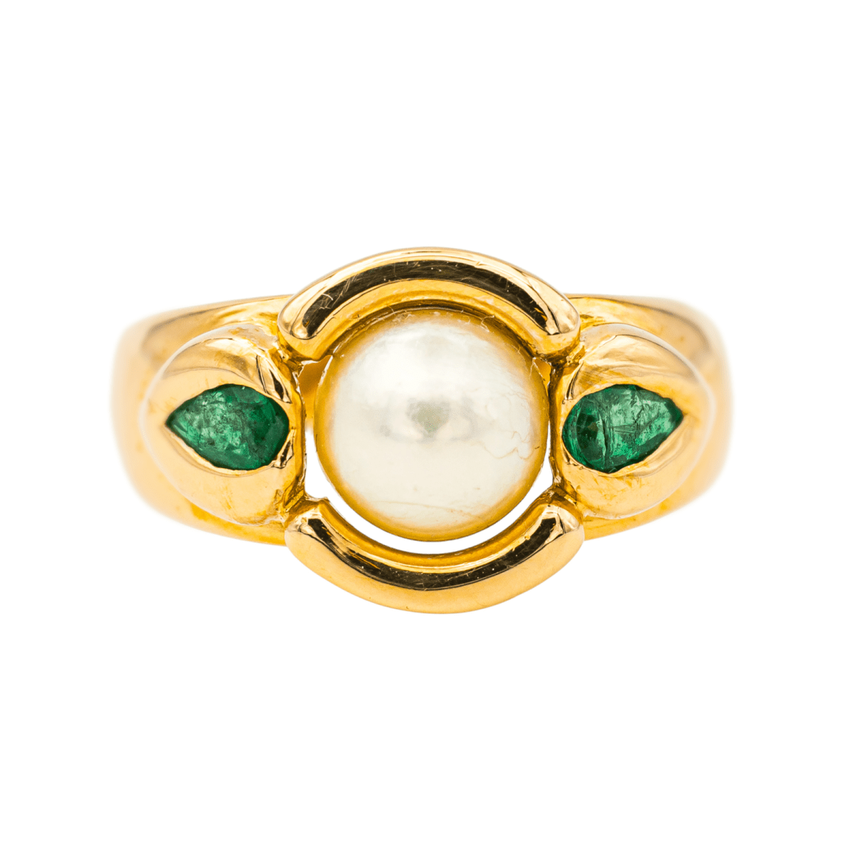 Bague Jonc en or jaune, perle et émeraudes - Castafiore