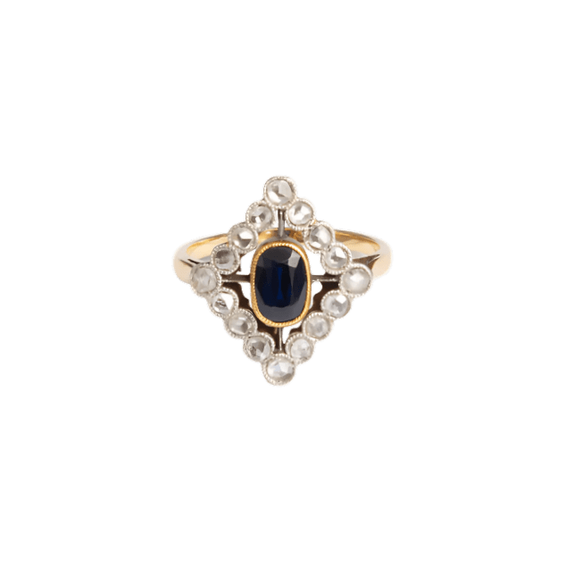 Bague Losange en or jaune, saphir et diamants - Castafiore