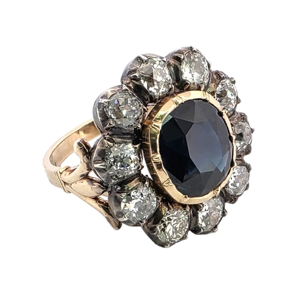 Bague Marguerite en or jaune, argent, saphir et diamants - Castafiore