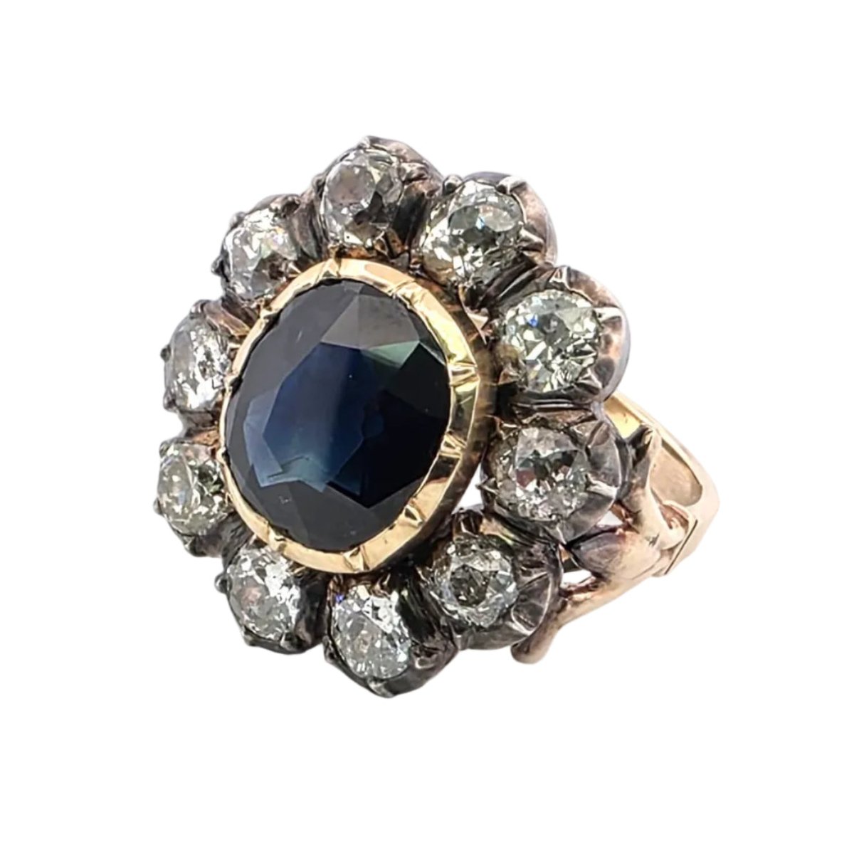 Bague Marguerite en or jaune, argent, saphir et diamants - Castafiore