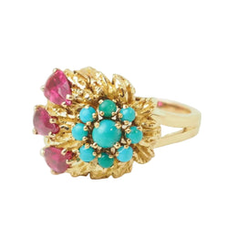 Bague Marguerite en or jaune, turquoises et rubis - Castafiore