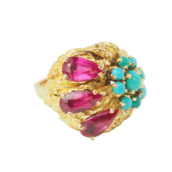 Bague Marguerite en or jaune, turquoises et rubis - Castafiore