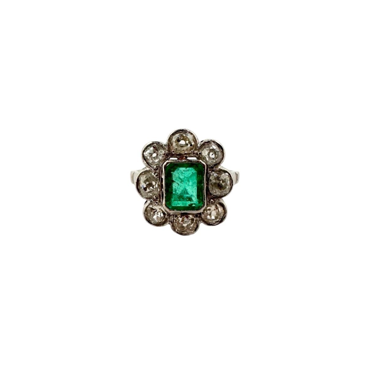 Bague Marguerite en platine avec émeraude et diamant - Castafiore