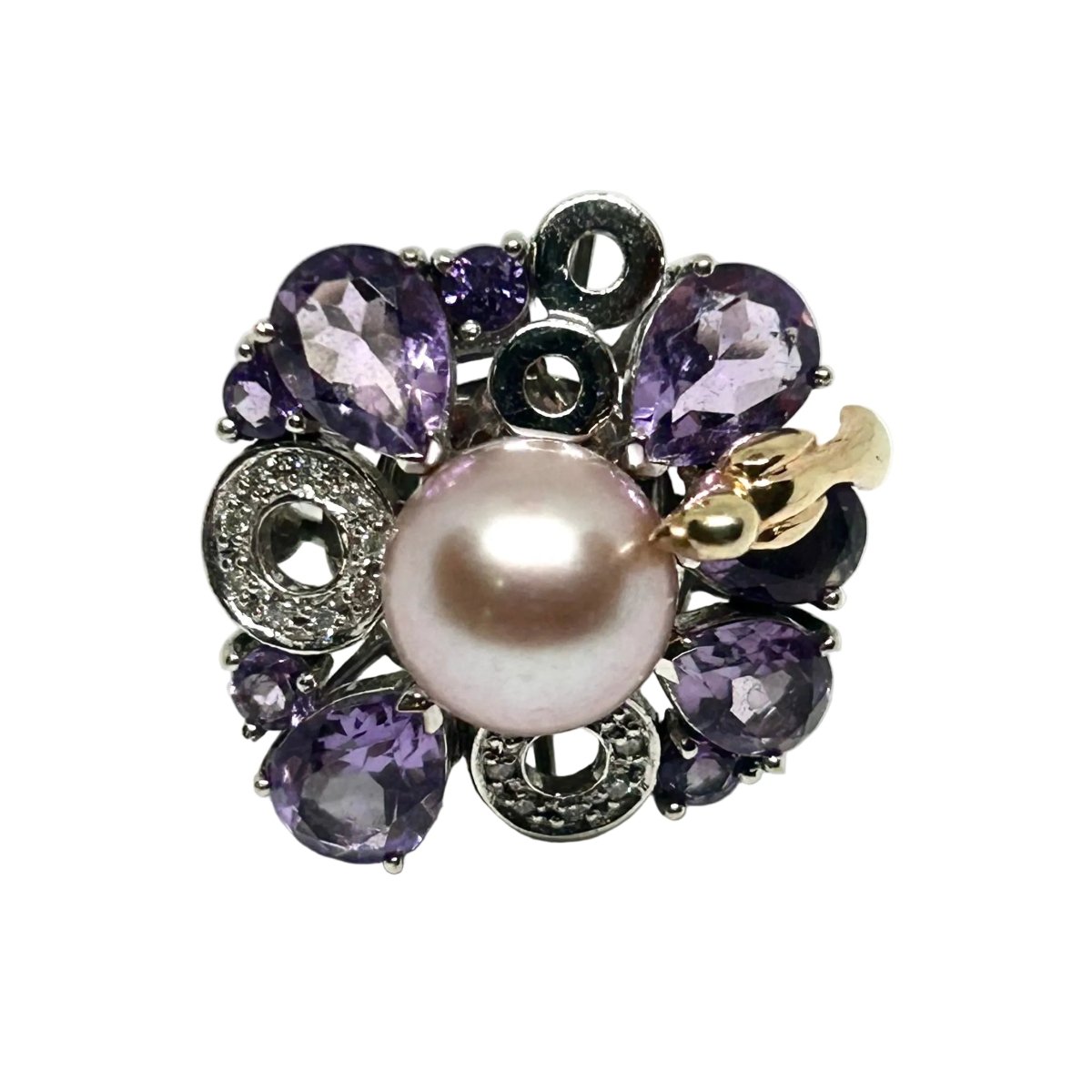 Bague Marguerite RAMBAUD "Pie" en or blanc, perle, améthystes et diamants - Castafiore
