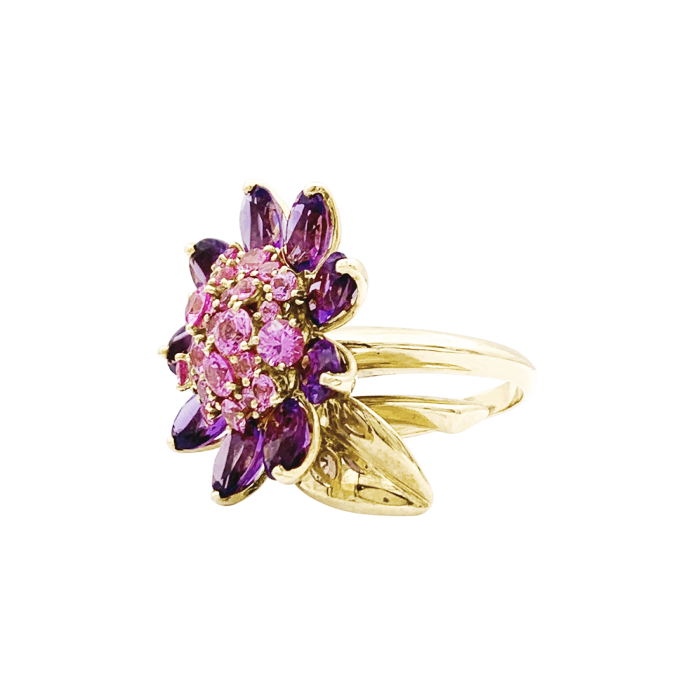Bague Marguerite VAN CLEEF & ARPELS "Fleurs d'Hawaï" en or jaune , saphirs et améthyste - Castafiore