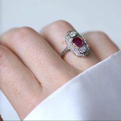Bague Marquise Art Déco Rubis Birman et Diamants - Castafiore
