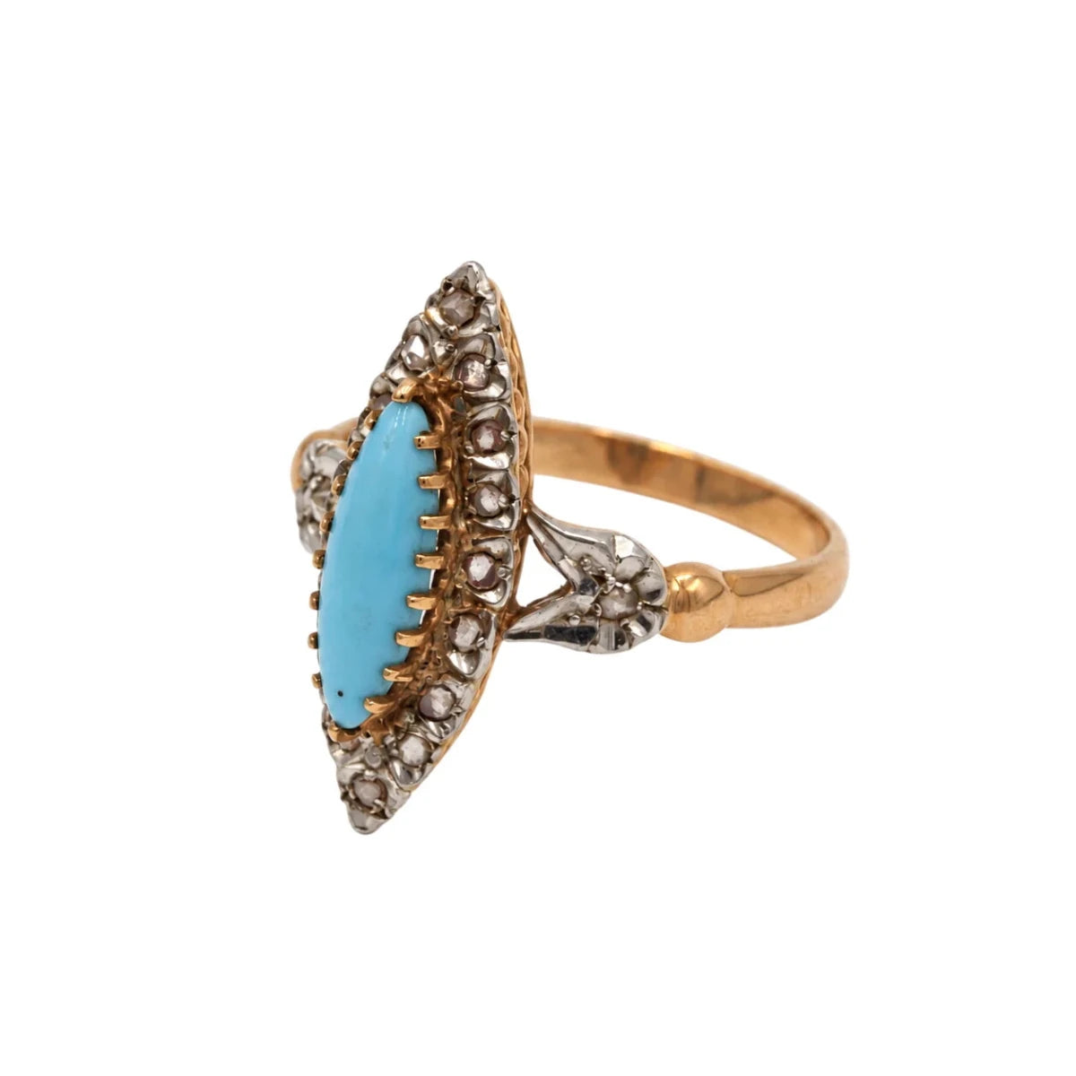 Bague Marquise en or blanc, or rose, turquoise et diamants - Castafiore
