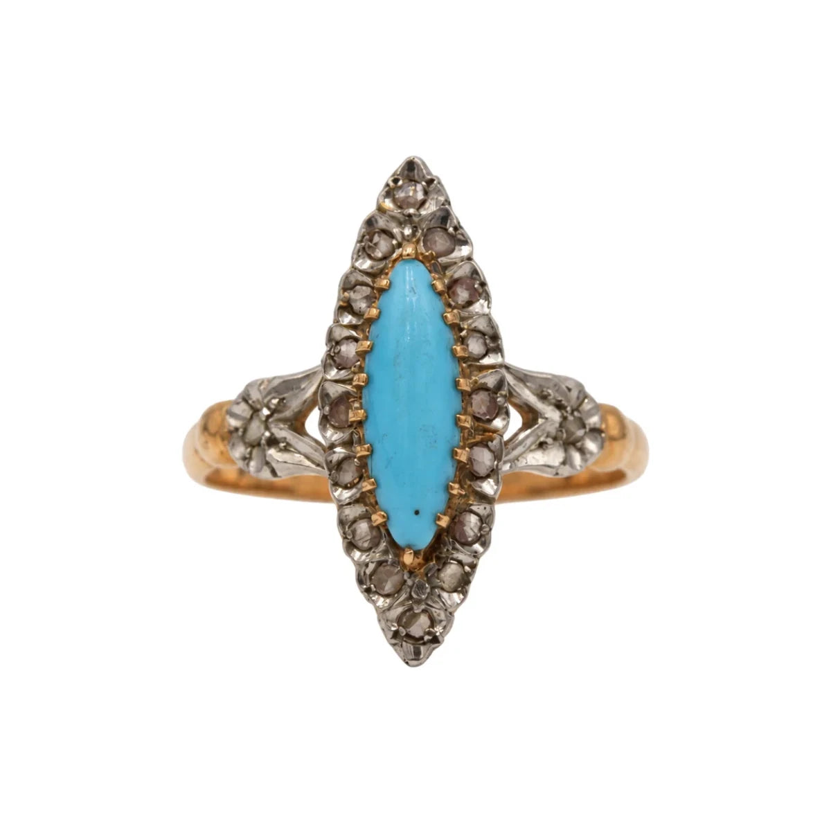 Bague Marquise en or blanc, or rose, turquoise et diamants - Castafiore