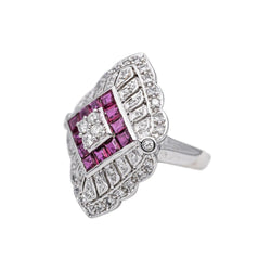 Bague Marquise en or blanc, platine, rubis et diamants - Castafiore