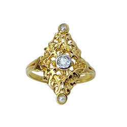 Bague marquise en or jaune 18 carats, diamant et perles - Castafiore