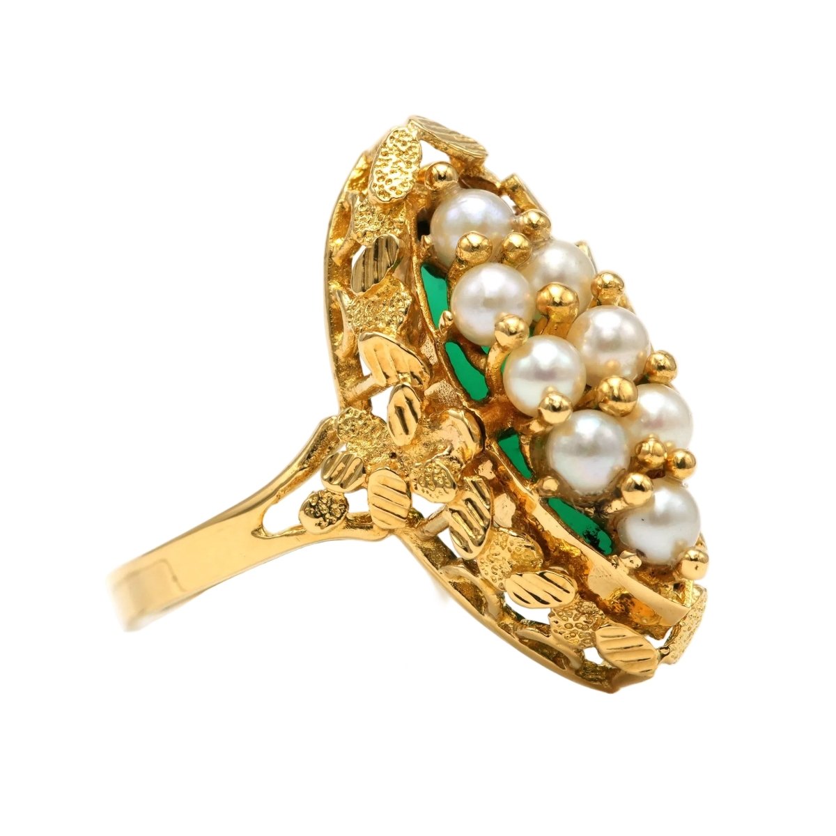 Bague Marquise en or jaune, chrysoprases et perles - Castafiore