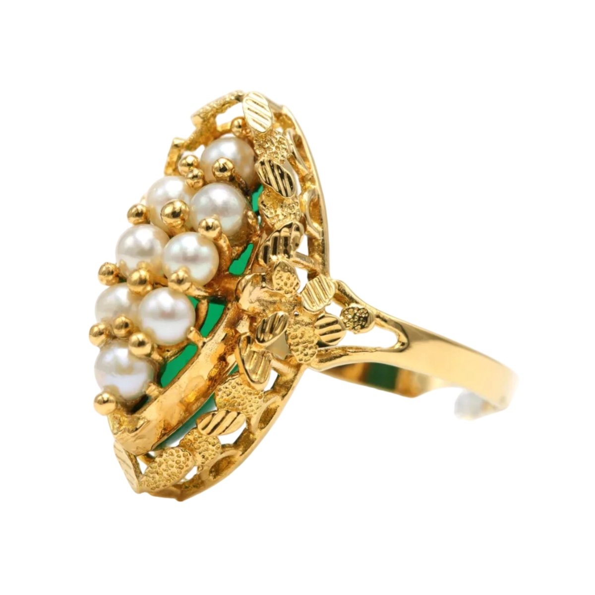 Bague Marquise en or jaune, chrysoprases et perles - Castafiore