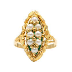 Bague Marquise en or jaune, chrysoprases et perles - Castafiore