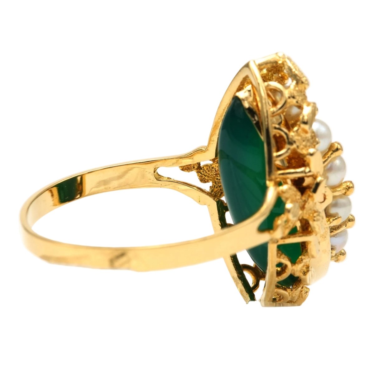 Bague Marquise en or jaune, chrysoprases et perles - Castafiore
