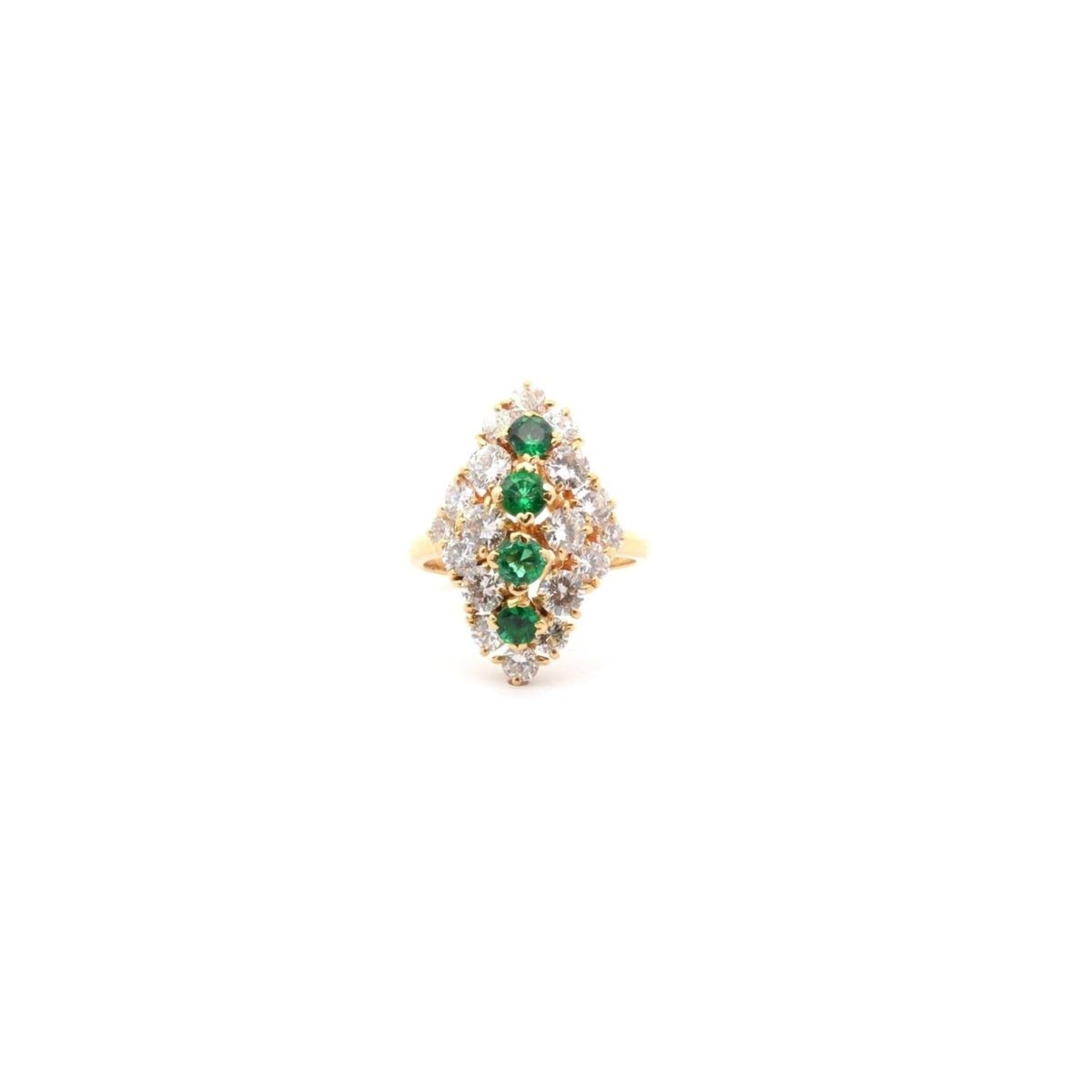 Bague Marquise en or jaune, émeraudes et diamants - Castafiore