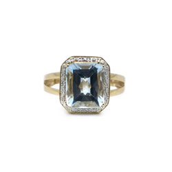 Bague Marquise en or jaune, or blanc, aigue - marine et diamants - Castafiore