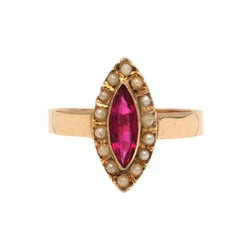 Bague Marquise en or jaune, perles et rubis - Castafiore