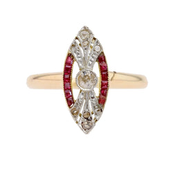 Bague Marquise en or jaune, platine, rubis et diamants - Castafiore