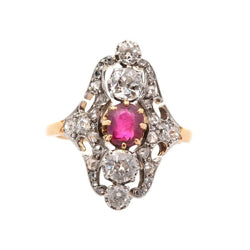 Bague Marquise en or jaune, platine, rubis et diamants - Castafiore