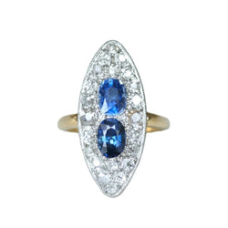 Bague Marquise en or jaune, platine, saphirs et diamants - Castafiore