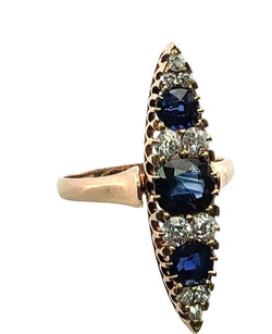 Bague Marquise en or jaune, saphirs et diamants - Castafiore