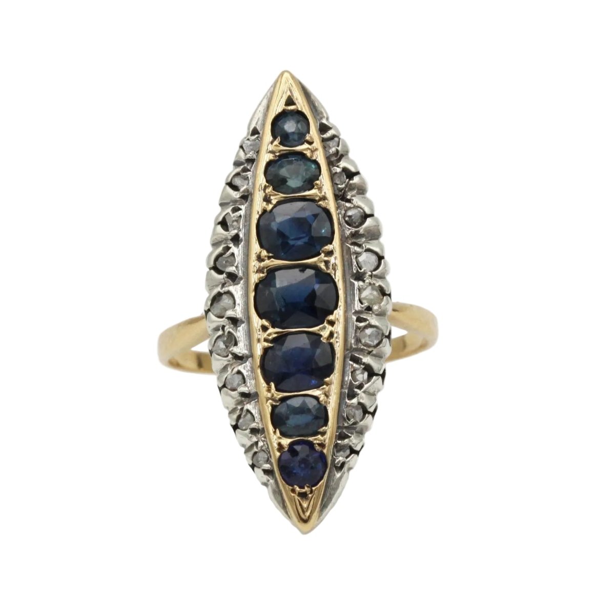 Bague Marquise en or jaune, saphirs et diamants - Castafiore